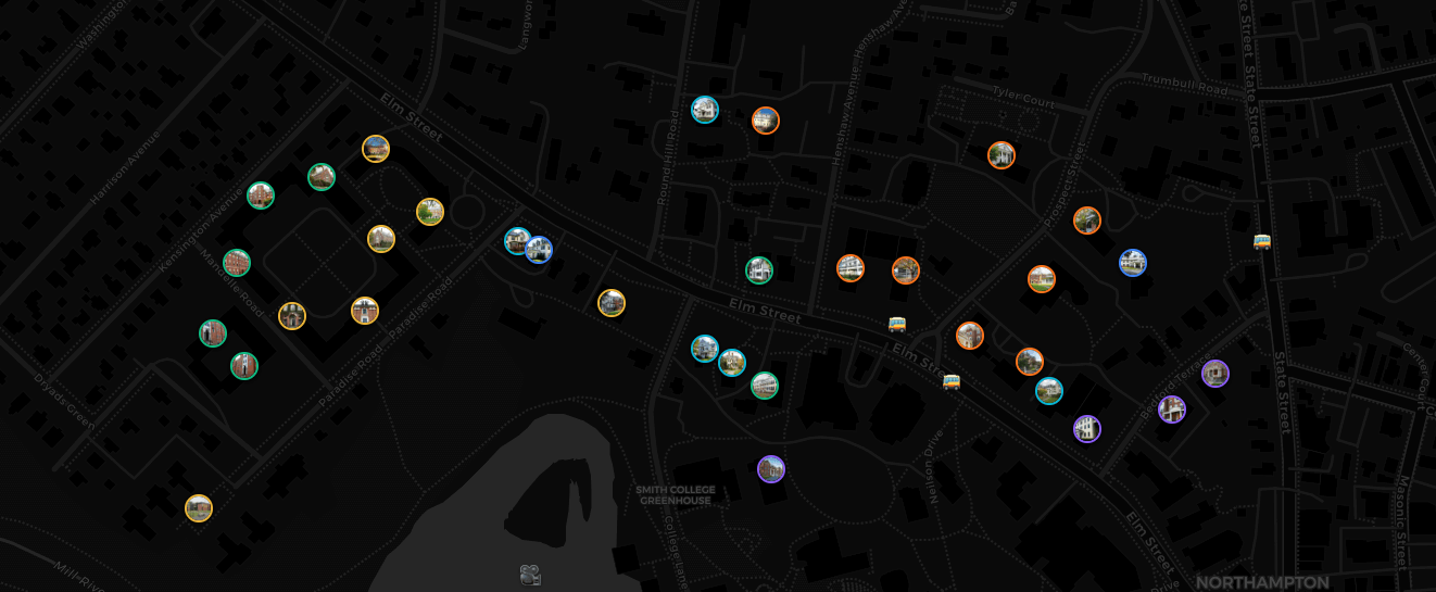 Map of all 40 Smith College houses on the Northampton campus
